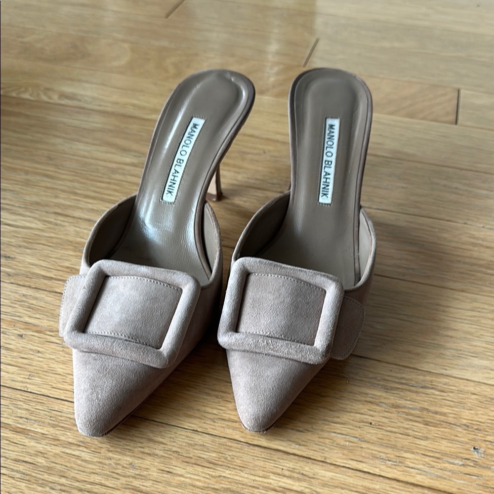 Manolo Blahnik Tan Maysale Mules Suede